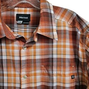 Marmot Button Down Mens Large Orange Plaid Short Sleeve Hiking Shirt Outdoor